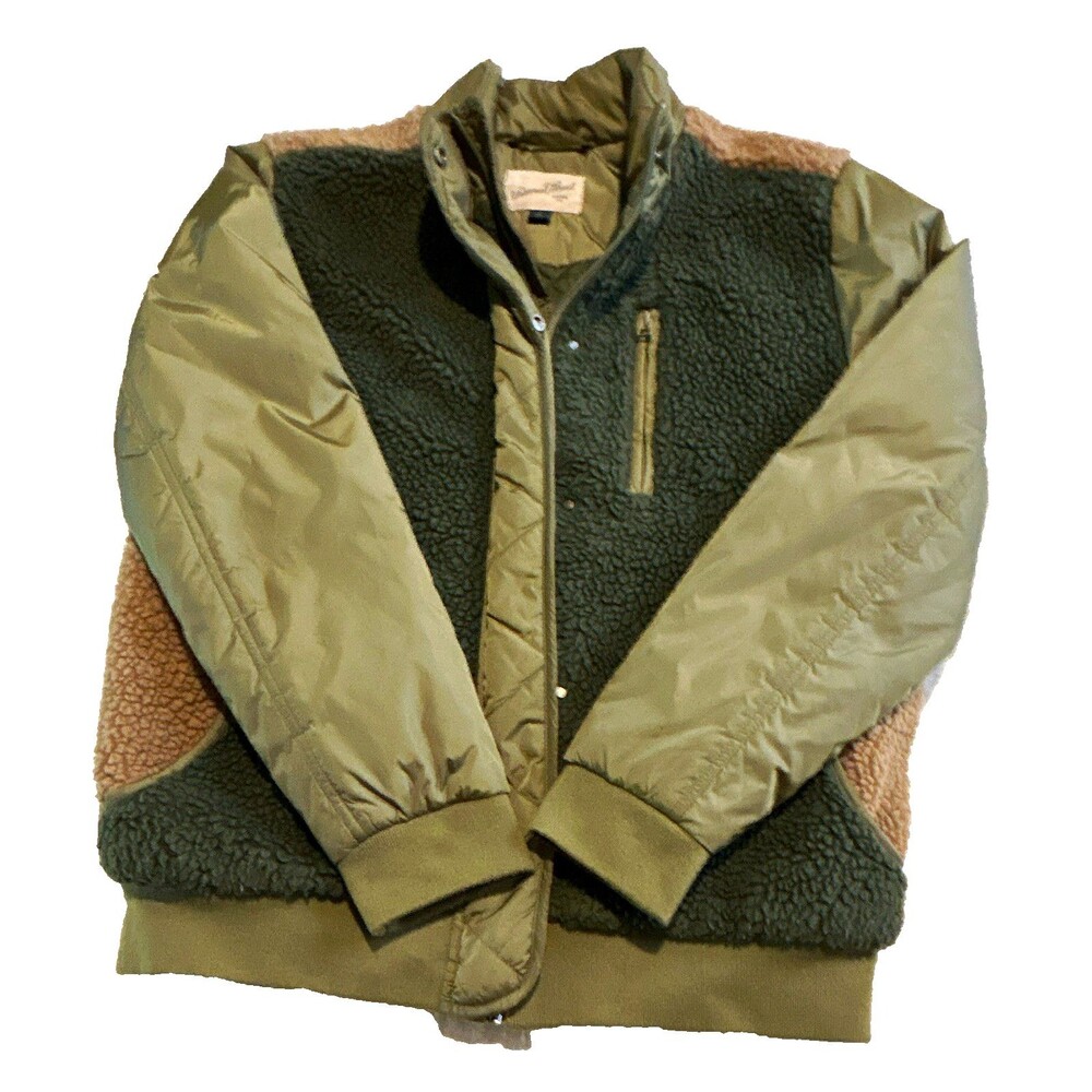 Universal Thread Women's Colorblock Sherpa Bomber Jacket Green Tan Fleece Size S